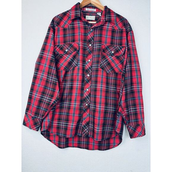 Vintage Open Trails Mens Shirt Sz L Red Checked Pearl Snap Long Sleeve Mountain - Picture 1 of 6